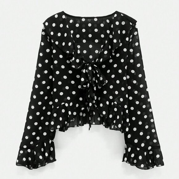 Black Women's Polka Dot Print Design Front Bow Tie Ruffle details blouse - Picture 7 of 11